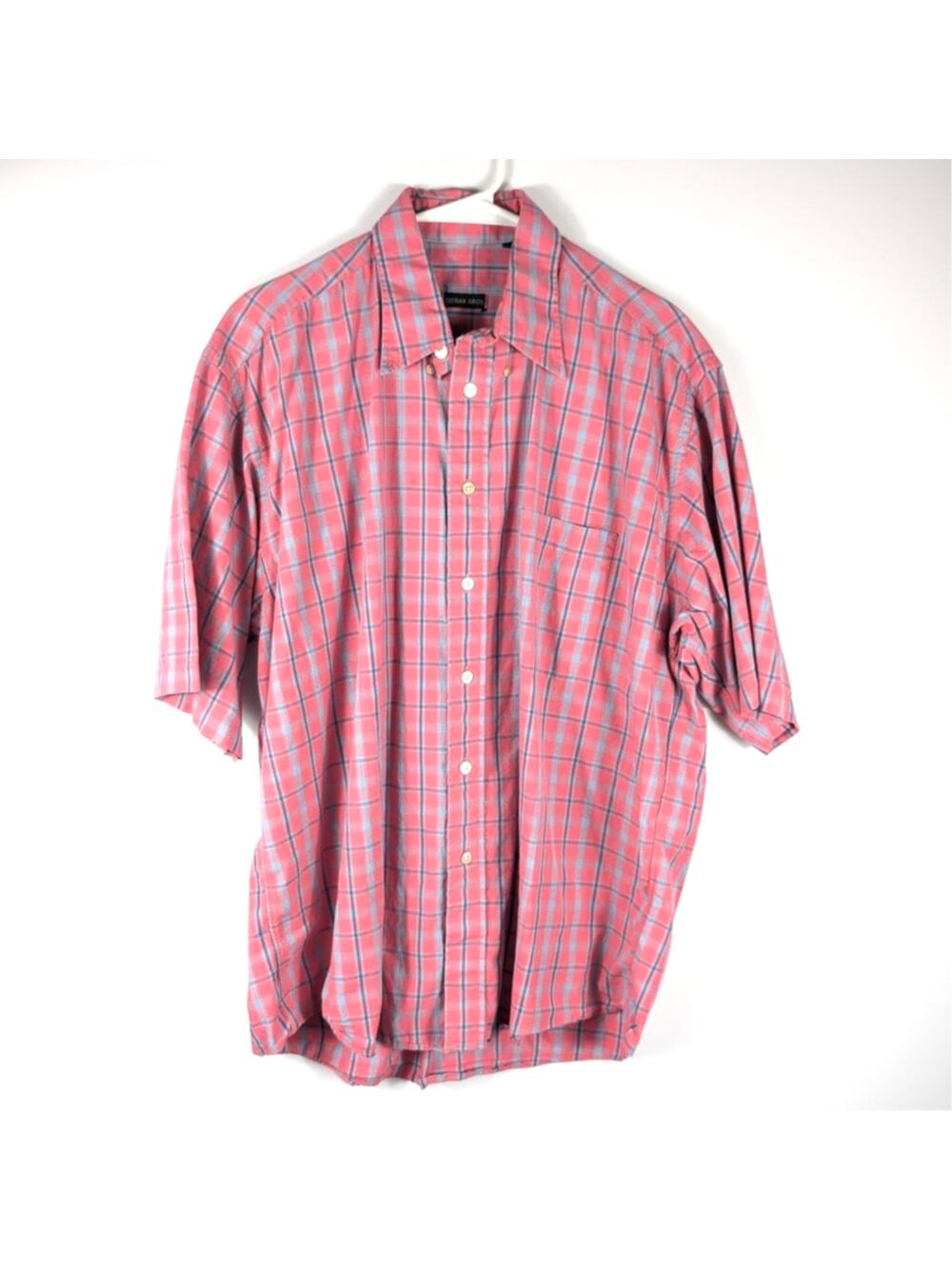 Gitman Bros Large Short Sleeve Button Down Mens Pink Plaid Cotton Shirt USA